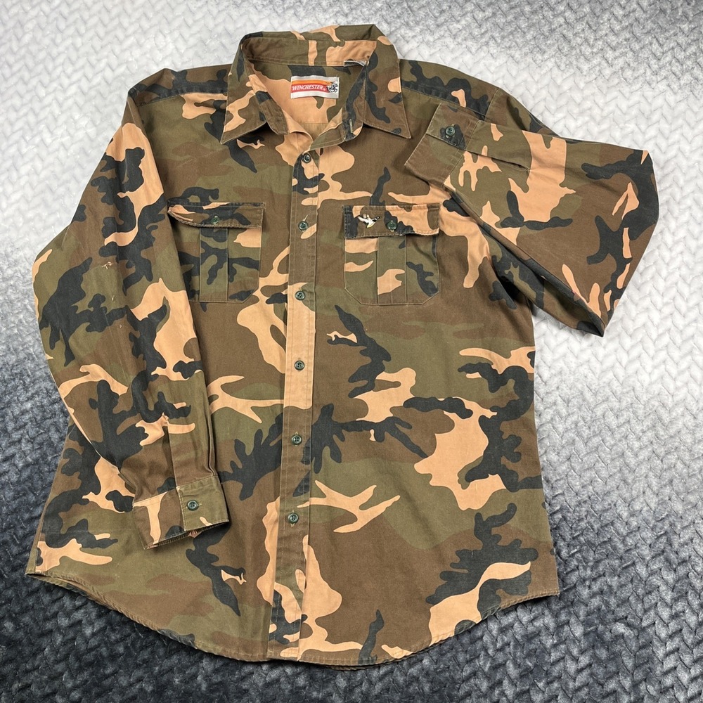 Vintage Winchester Size XL Hunting Shirt Duck Camo 90s Shacket Jacket Distressed